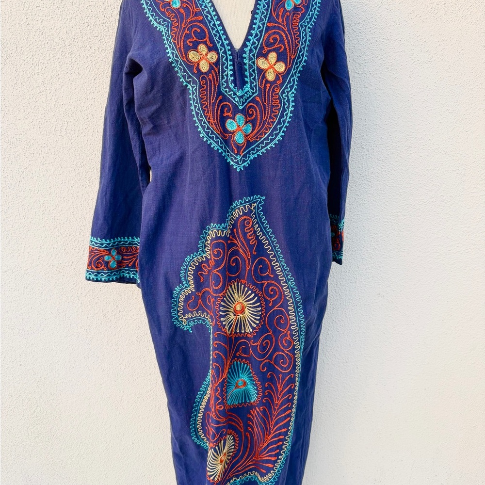 Vintage 1970’s deep jewel tone cotton hooded caftan dress